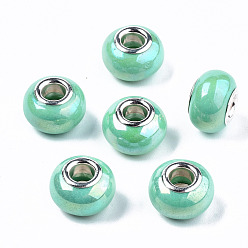 Средний Аквамарин Cmолы европейские шарики, бусины с большим отверстием, имитация фарфора, с латунным сердечником с платиновым покрытием, с покрытием AB цвета, рондель, средний аквамарин, 14x9 мм, отверстие : 5 мм