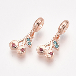 Rose Gold Alloy European Dangle Charms, with Rhinestone, Large Hole Pendants, Cherry, Rose Gold, 25mm, Hole: 4mm