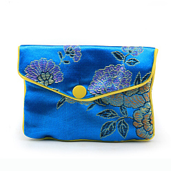 Озёрно--синий Прямоугольные тканевые мешочки на молнии в китайском стиле, с цветочным узором и кнопкой, Плут синий, 7.5x9.5 см