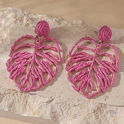 Ярко-Розовый Серьги-гвоздики из железной рафии, лист, золотой свет, с 316 штифтов из нержавеющей стали, ярко-розовый, 70x45 мм