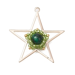 Зеленый Подвески в виде звезд из натурального тигрового глаза (окрашенного и нагретого) и стеклянных бусин ручной работы, с латунной фурнитурой , золотые, зелёные, 39.5x38.5x8 мм, отверстие : 1.8 мм