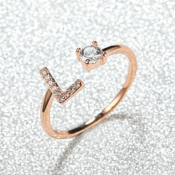 Letter L Манжеты из латуни с микро паве кубический цирконий для женщин, открытые кольца, розовое золото , Письмо L, внутренний диаметр: 16~19 мм