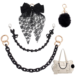 Black Silk Ribbon Bowknot Tote Bag Embellishments, with Plastic Curb Chain Charm Purse Chains and Pom Pom Ball Pendant Decoration, Golden, Black, 280x170x12mm