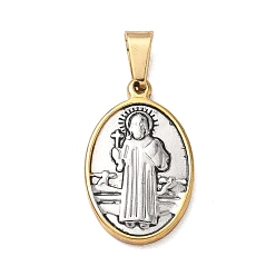 Plata Antigua & Oro Antiguo Religión 304 colgantes de acero inoxidable, óvalo con dije de cruz de santo, con 201 fianzas de acero inoxidable, revestimiento de iones (ip), plata antigua y oro antiguo, 24x15x3 mm, agujero: 7x4 mm