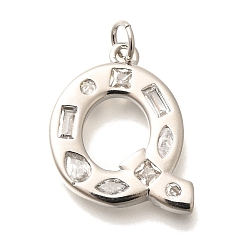 Letter Q Латунные микропаве прозрачные подвески с фианитом, с целью перехода в кольце, без свинца и без кадмия, долговечный, стойки покрытие, письмо амулеты, платина, Буква Q, 20x18x2.7 мм, Перейти кольцо: 5x1 мм, 3 mm внутреннего диаметра.