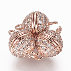 Розовое Золото Магнитные застежки из латуни с цирконием и микропаве с петлями, круглые, прозрачные, розовое золото , 13.5x8.5 мм, отверстие : 1.2~1.4 мм