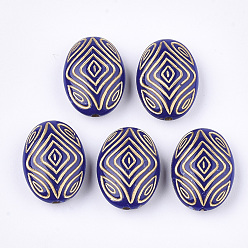 Dark Blue Oval Plating Acrylic Beads, Golden Metal Enlaced, Dark Blue, 18x13x7mm, Hole: 1mm, about 570pcs/500g