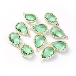 Светло-зеленый Стеклянные подвески, с фурнитурой Berzel с открытой спиной из экологически чистого сплава, граненые, слеза, золотой свет, светло-зеленый, 18x12x5 мм, отверстие : 1.4 мм
