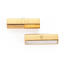 Real 14K Gold Plated 304 Stainless Steel Beads, with Shell and Rhinestone, Hexagonal Prism with Word Love & Happy, Real 14K Gold Plated, 25.5x9x8mm, Hole: 1.6mm