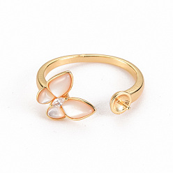 Настоящее золото 18K Настройки кольца для пальца манжеты из латуни, с естественной оболочке, для полуразрушенной бусины, без никеля , бабочка, реальный 18 k позолоченный, размер США 7 1/4 (17.5 мм), штифты : 0.7 мм