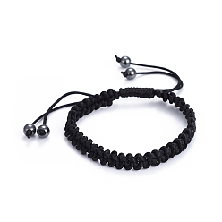 Black Adjustable Nylon Cord Braided Bracelets, with Non-Magnetic Synthetic Hematite Beads, Black, 2-1/8 inch~3-3/8 inch(5.3~8.4cm)