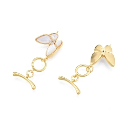 Real 18K Gold Plated Brass Toggle Clasps, Cadmium Free & Nickel Free & Lead Free, with White Shell and Crystal Rhinestone, Butterfly, Real 18K Gold Plated, Bar: 18.5x7.5x2.5mm, Hole: 1.4mm, Butterfly: 19x16x5mm, Hole: 1mm.