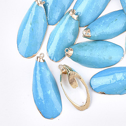 Deep Sky Blue Spray Painted & Electroplate Sea Shell Pendants, with Iron Findings, Light Gold, Deep Sky Blue, 34~51x16~21x7~11mm, Hole: 1.5mm