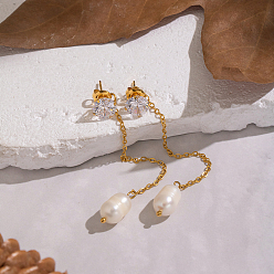 Прозрачный Овальные 304 из нержавеющей стали мотаться серьги стержня, с кубическим цирконием и пресноводным жемчугом, реальный 18 k позолоченный, прозрачные, 90x8 мм