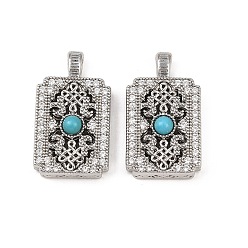 Платина Латунные микропаве прозрачные подвески с фианитом, прямоугольные, с синтетическими бирюзовый, платина, 22x12.5x5 мм, отверстие : 4x2.5 мм