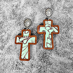 Светло-голубой Серьги-гвоздики в виде пасхального креста, с фурнитурой для сережек из сплава, платина, светло-голубой, 72 мм