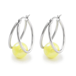 Желтый 304 овальные серьги из нержавеющей стали и пластика с искусственным жемчугом и шариковыми кольцами для женщин, с 316 штифтов из нержавеющей стали, желтые, 32x15.5x19.5 мм