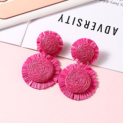 Темно-Розовый Серьги-гвоздики из рафии в богемном стиле, цветок, темно-розовыми, 70x45 мм