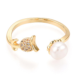 Real 18K Gold Plated Natural Pearl Open Cuff  Ring Micro Pave Clear Cubic Zirconia, Brass Finger Rings, Tulip, Real 18K Gold Plated, US Size 9 3/4(19.5mm)
