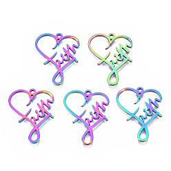 Rainbow Color Ion Plating(IP) 201 Stainless Steel Pendants, Heart with Word, Rainbow Color, 28.5x22x1.5mm, Hole: 1.6mm