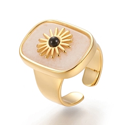 Белый Нефрит Кольца-манжеты из натурального белого нефрита и черного агата, открытые кольца, долговечный, прямоугольник с солнцем, реальный 18 k позолоченный, Размер 7, внутренний диаметр: 17 мм