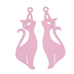 Flamingo 430 Stainless Steel Kitten Pendants, Spray Painted, Etched Metal Embellishments, Cat Silhouette Shape, Flamingo, 39x12x0.4mm, Hole: 1.6mm