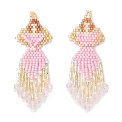 Pink Подвески-ангелы из стеклянных бисеров, со стеклом и кисточками, розовые, 67x24x4 мм, отверстие : 2.5 мм