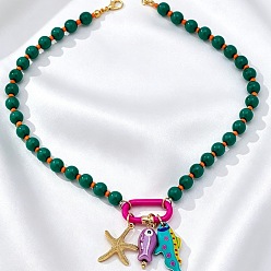Verde Oscuro Collares de verano para mujer con colgante de estrella de mar y colgante de pez de aleación esmaltada en aleación., dorado, verde oscuro, 16.14 pulgada (41 cm)