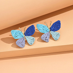 Светло-Голубой Серьги-гвоздики в виде бабочек из сплава и рафии, золотые, Небесно-голубой, 34 мм
