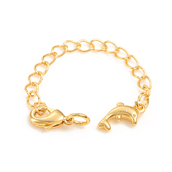 Real 14K Gold Plated Brass Chain Extender, with Curb Chains and Lobster Claw Clasps, Long-Lasting Plated, Dolphin, Real 14K Gold Plated, 73x3mm, Clasp: 10x6x2.5mm, Jump Ring: 5x1mm, Inner Diameter: 3mm
