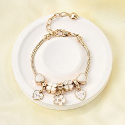 Золотой Сплав эмаль европейские бусины браслеты с подвесками, браслеты из змеиной цепи для женщин, цветок, сердце и клевер, без свинца и без кадмия, золотые, 7 дюйм (17.9 см)