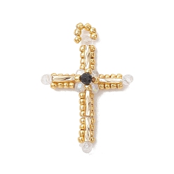 (932FM) Темно-синий аква-матовый с подкладкой Стеклянные подвески из бисера, крест очарование, с использованием бусин из черного оникса, окрашенных натуральными красителями и подвергнутых термической обработке, а также стеклянных бусин, покрытых гальваническим способом., темно-золотистые, 37.5x25.5x5.5 мм, отверстие : 2.5 мм