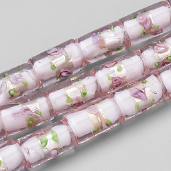 Pink Handmade Silver Foil Lampwork Beads, Column, Pink, 17x10x10mm