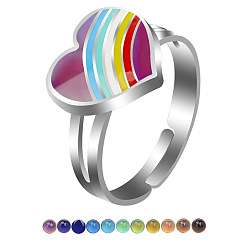 Stainless Steel Color Rainbow Color Pride Flag Enamel Heart Adjustable Ring, Alloy Temperature Change Color Emotion Feeling Ring for Women, Stainless Steel Color, US Size 6 1/2(16.9mm)