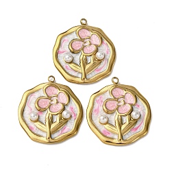 Плоский Круглый 304 нержавеющей стальной эмали подвески, с абс пластмассовыми жемчужными бисером, ионное покрытие (ip), цветок, золотые, плоско-круглые, 28.5x25.5x4.5 мм, отверстие : 1.8 мм