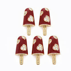 Dark Red Brass Micro Pave Clear Cubic Zirconia Pendants, with Enamel, Cadmium Free & Nickel Free & Lead Free, Real 16K Gold Plated, Ice Cream with Word Happy, Dark Red, 20x8.5x3.5mm, Hole: 3.5x2mm