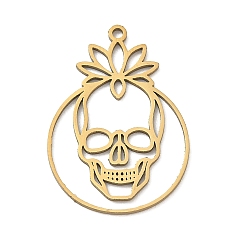 Oro 201 colgantes de acero inoxidable, Calavera con amuletos de loto, dorado, 28x20x1 mm, agujero: 1.6 mm