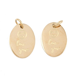 Золотой 304 подвески из нержавеющей стали, овальная форма с надписью «Люблю тебя» и очармом улыбающегося лица., золотые, 12x9x1 мм, Перейти кольцо: 4x0.8 мм, внутренний диаметр: 2.5 мм