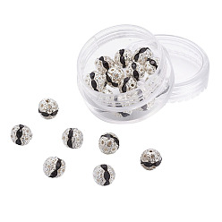 Jet Brass Rhinestone Beads, Grade A, Silver Color Plated, Round, Jet, 8mm, Hole: 1mm, 20pcs/box