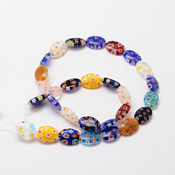 Colorful Handmade Millefiori Glass Bead Strands, Flat Oval, Colorful, 12~14x10x3~4mm, Hole: 1mm, about 29~35pcs/strand, 15.3 inch