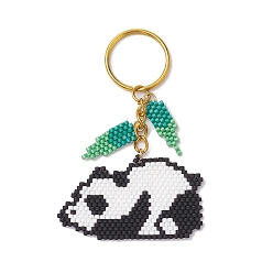 Golden Glass Seed Beads Keychain, with Iron Split Key Rings, Panda, Golden, 8.3cm