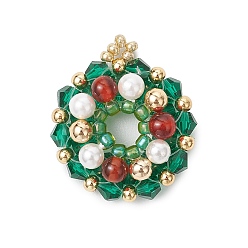 Разноцветный Стеклянные подвески, Рождественский венок, с круглыми бусинами из латуни, ракушек и натурального сердолика, граненые, красочный, 28x23.5x7.5 мм, отверстие : 2.5 мм