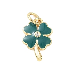 Green Brass Micro Pave Clear Cubic Zirconia Charms, with Enamel, Clover Charms, Rack Plating, Long-Lasting Plated, Cadmium Free & Lead Free, Real 18K Gold Plated, Green, 15x10x2.5mm, Hole: 2.5mm
