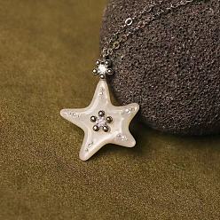 White Ocean Alloy Resin Starfish Pendant Cable Chain Necklaces with Crystal Rhinestone for Women, Platinum, White, 17.72 inch(45cm)