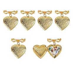 Golden 6Pcs Brass Brooch, Heart, with Brass Locket Pendants, Golden, 43mm