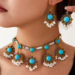 Бирюза Ретро-серьги-подвески из сплава с цветочным узором, стразами и искусственным жемчугом, а также колье с подвесками для женщин., античное золото , бирюзовые, Ожерелья: 370 mm, серьги: 45~50 mm
