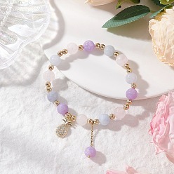 Аметист Браслеты из круглых бусин из натурального аквамарина, розового кварца и аметиста, Браслеты с подвесками в виде ананаса из латуни с микропаве из кубических цирконий для женщин, внутренний диаметр: 2-1/4 дюйм (5.8 см)