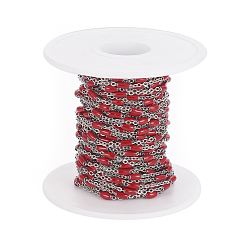 Red 304 Stainless Steel Cable Chains, with Enamel Oval Beads, Soldered, with Spool, Flat Oval, Stainless Steel Color, Red, 5x2.5mm, Link: 2x1.6x0.3mm, about 32.8 Feet(10m)/roll