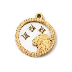 Leo 12 Constellations 304 Stainless Steel & Natural Shell & Rhinestone Pendants, Ion Plating(IP), Long-Lasting Plated, Leo Charm, 17x15x2mm, Hole: 1.5mm