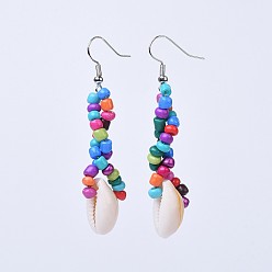 Colorful Baking Paint Glass Seed Beads Dangle Earrings, with Cowrie Shell and Brass Earring Hooks, Platinum, Colorful, 63~68mm, Pin: 0.6mm